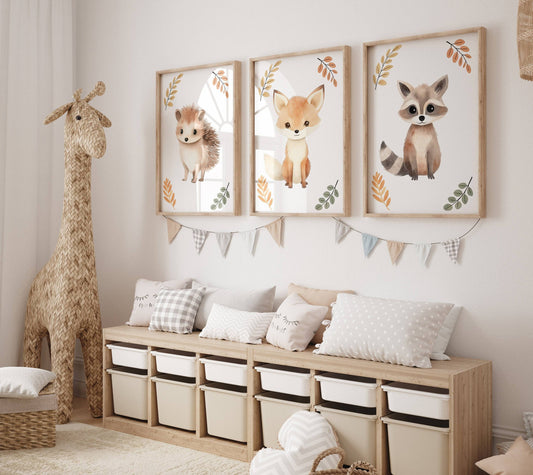 Woodland Animal Nursery Wall Prints | Set of 3 | Neutral Forest Decor for Baby's Room - RoseRowanDesign