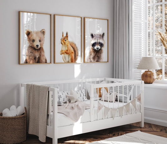 Woodland Animal Nursery Wall Prints | Set of 3 | Neutral Forest Theme for Baby's Room - RoseRowanDesign