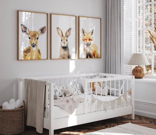 Woodland Animal Nursery Wall Prints | Set of 3 | Neutral Forest Theme for Baby's Room - RoseRowanDesign