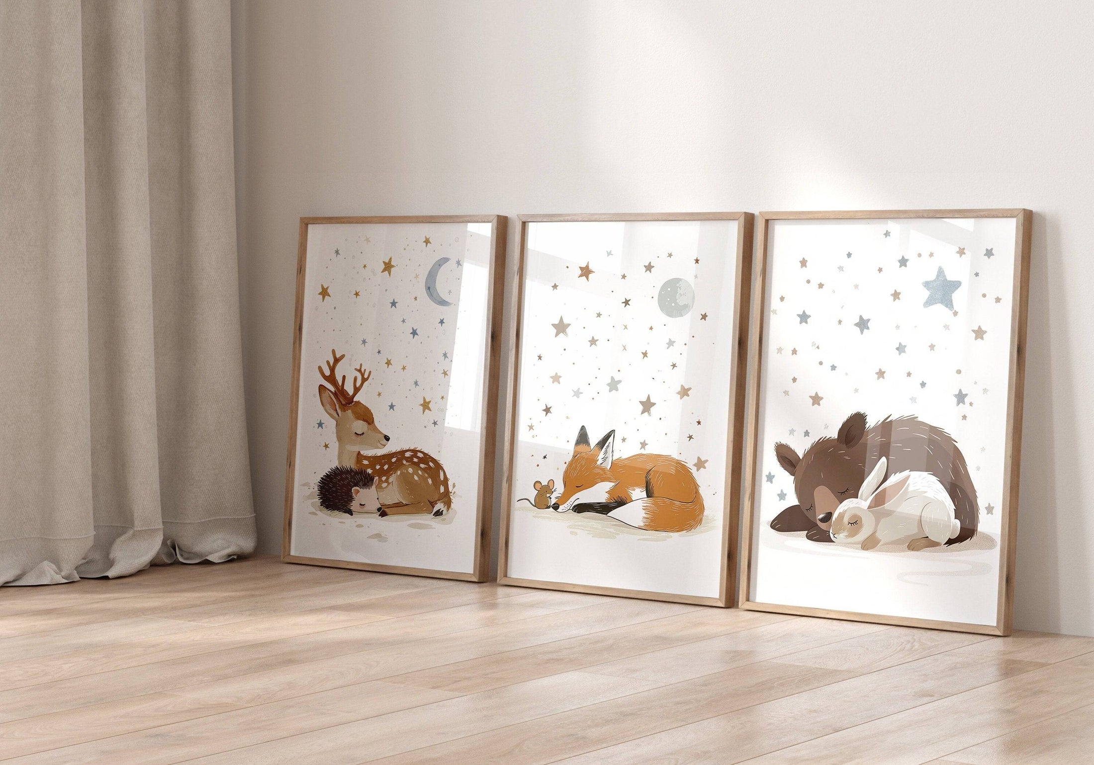 Woodland Animal Nursery Wall Prints | Set of 3 | Sleeping Animals & Starry Night Decor for Babies' Room - RoseRowanDesign