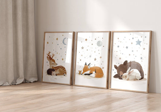 Woodland Animal Nursery Wall Prints | Set of 3 | Sleeping Animals & Starry Night Decor for Babies' Room - RoseRowanDesign