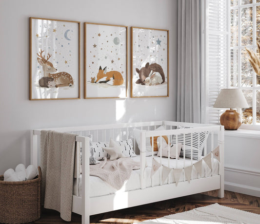 Woodland Animal Nursery Wall Prints | Set of 3 | Sleeping Animals & Starry Night Decor for Babies' Room - RoseRowanDesign