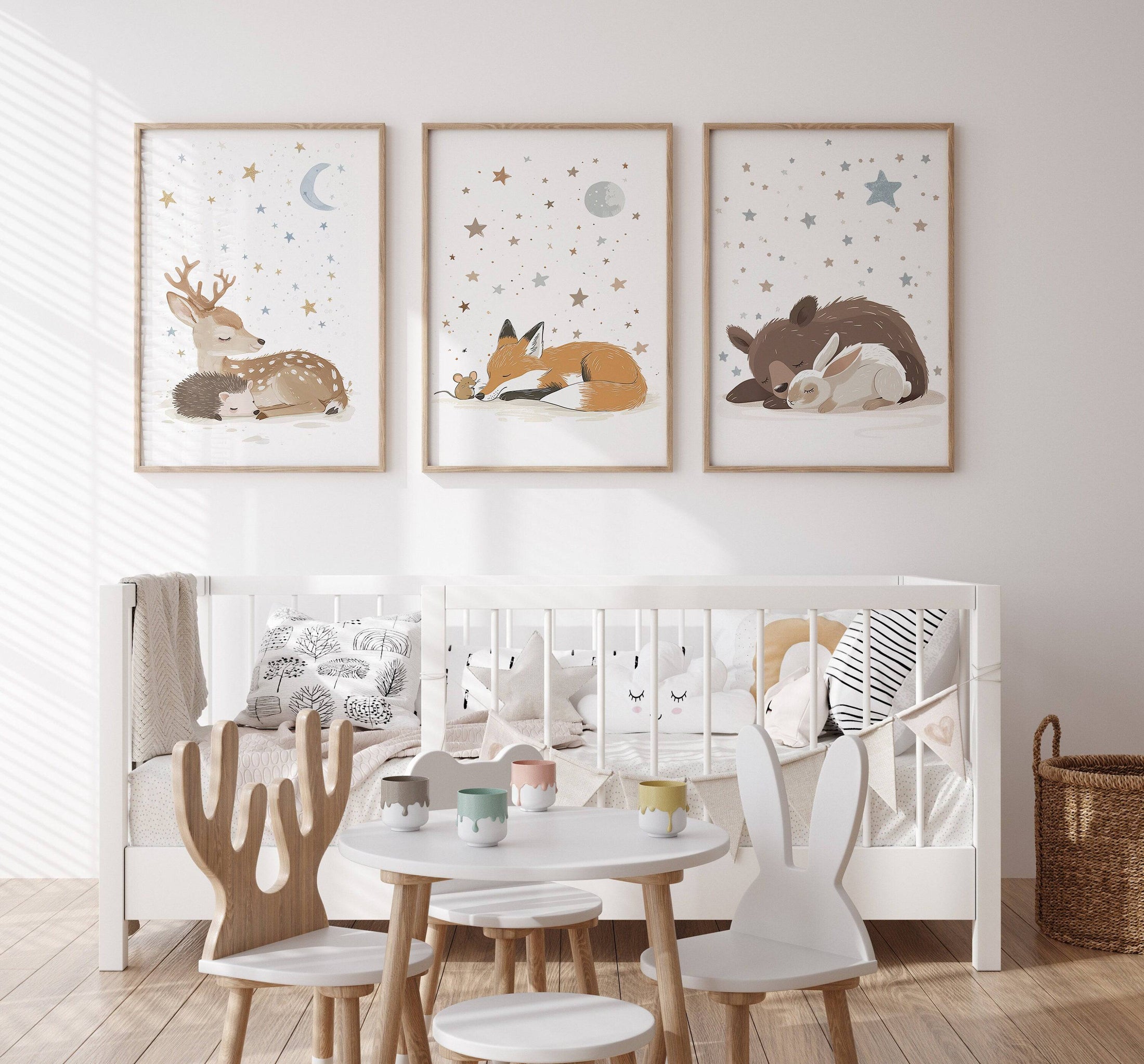 Woodland Animal Nursery Wall Prints | Set of 3 | Sleeping Animals & Starry Night Decor for Babies' Room - RoseRowanDesign