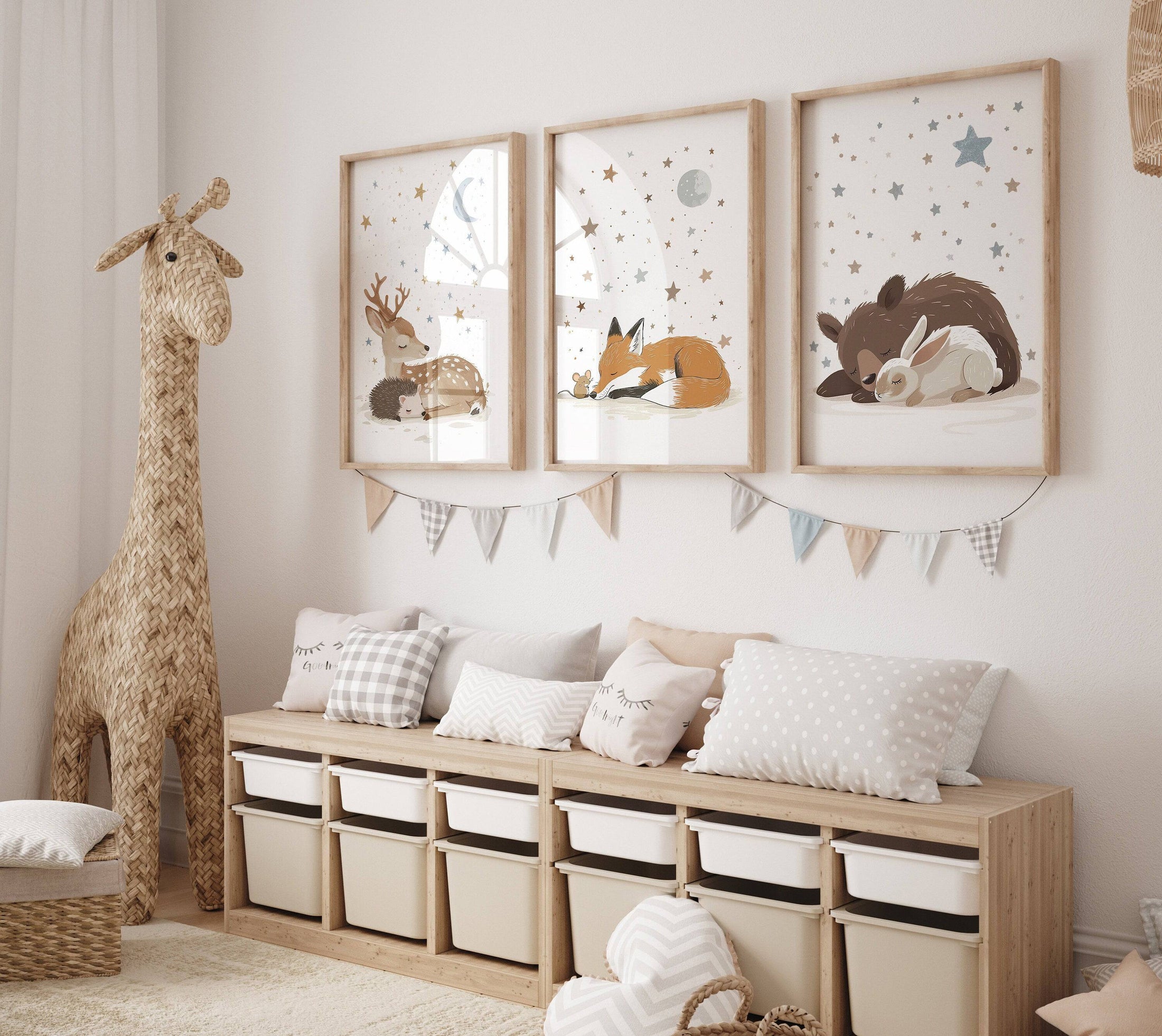 Woodland Animal Nursery Wall Prints | Set of 3 | Sleeping Animals & Starry Night Decor for Babies' Room - RoseRowanDesign