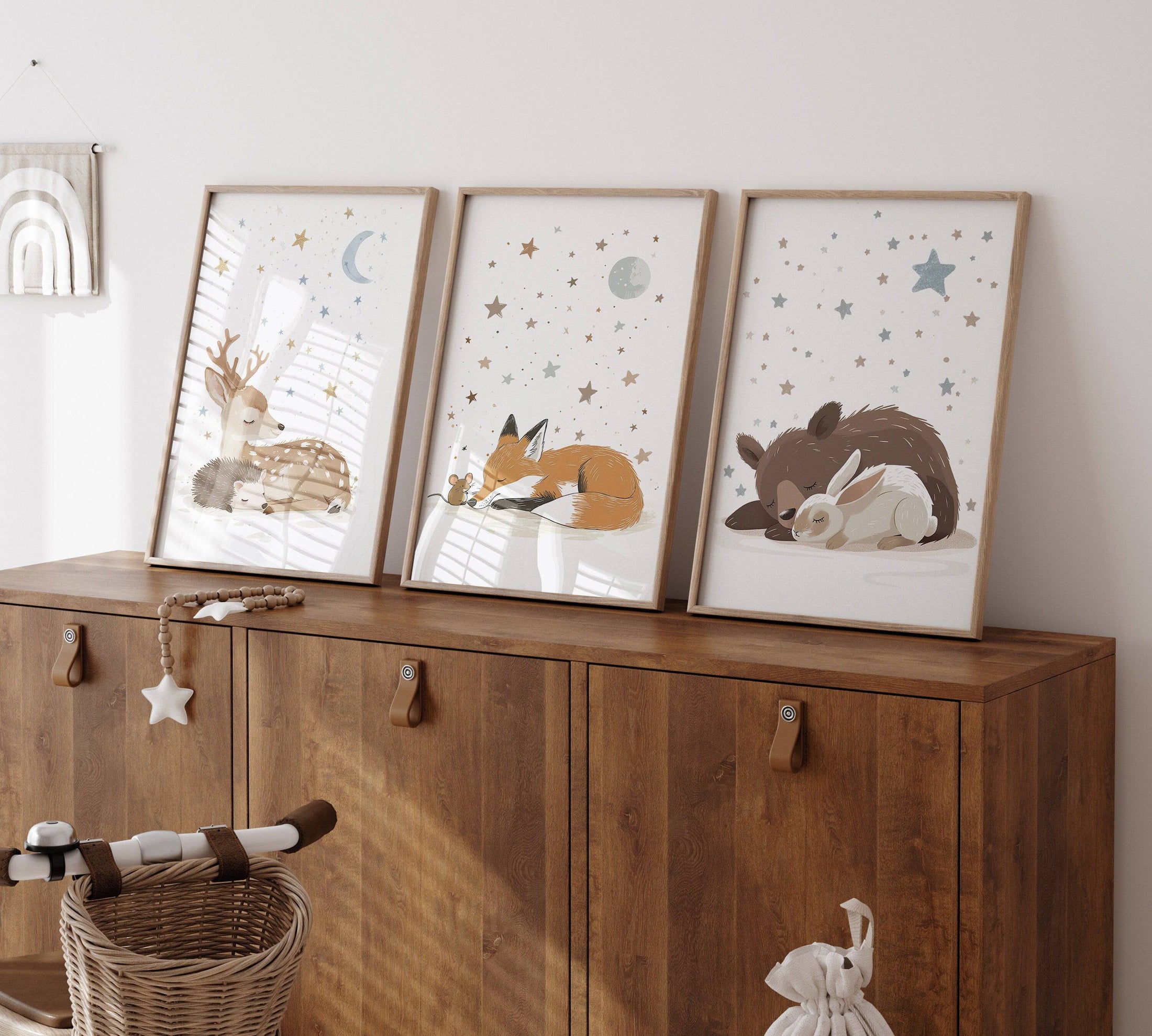 Woodland Animal Nursery Wall Prints | Set of 3 | Sleeping Animals & Starry Night Decor for Babies' Room - RoseRowanDesign