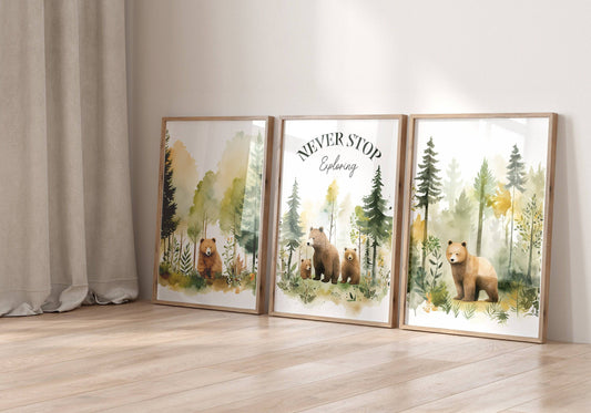 Woodland Bear Nursery Prints | Set of 3 | Forest Adventure Wall Art for Unisex Nursery - RoseRowanDesign