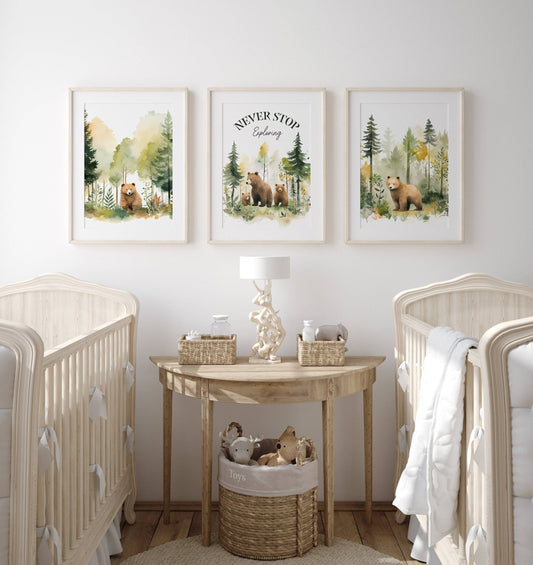 Woodland Bear Nursery Prints | Set of 3 | Forest Adventure Wall Art for Unisex Nursery - RoseRowanDesign
