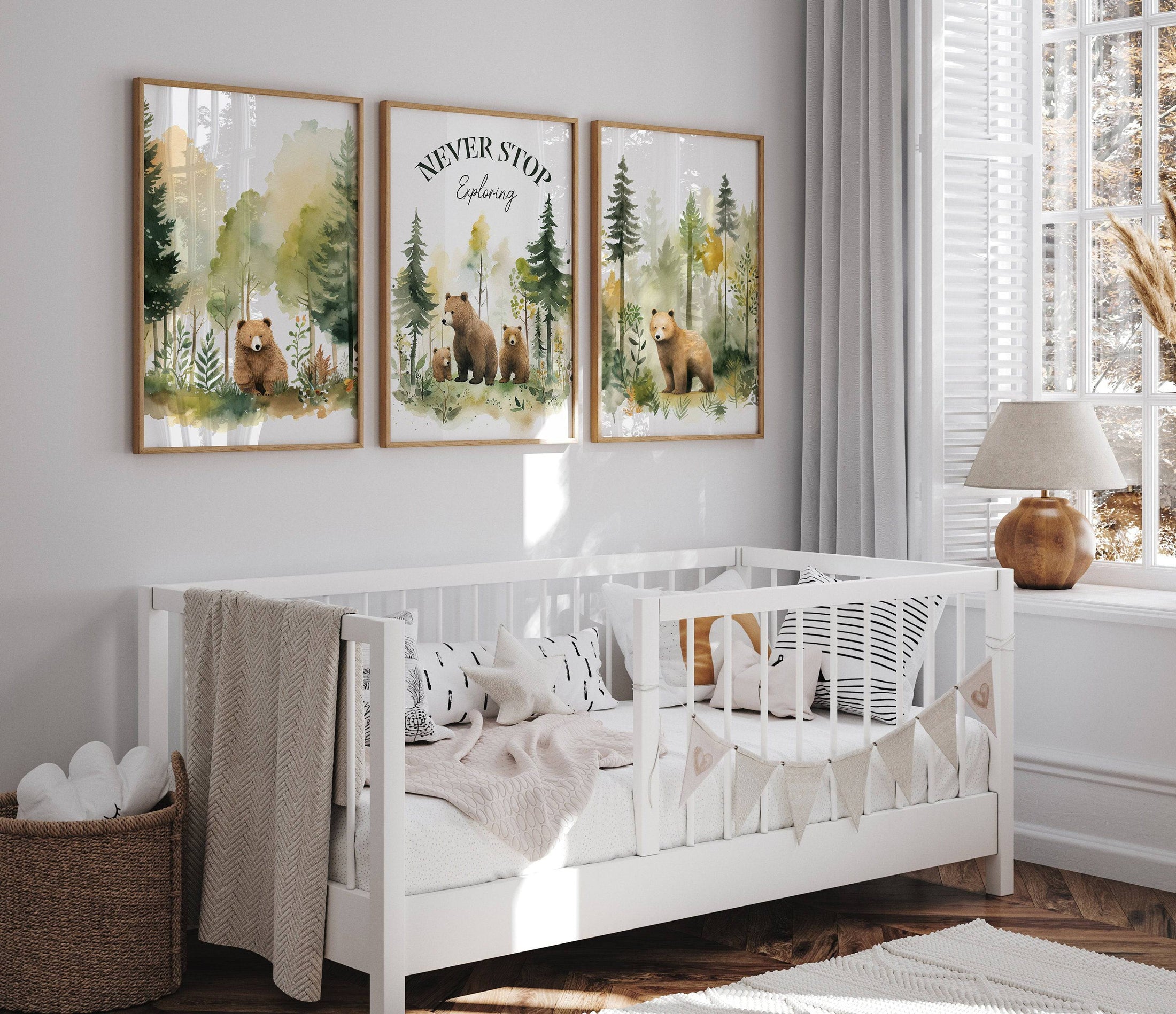 Woodland Bear Nursery Prints | Set of 3 | Forest Adventure Wall Art for Unisex Nursery - RoseRowanDesign