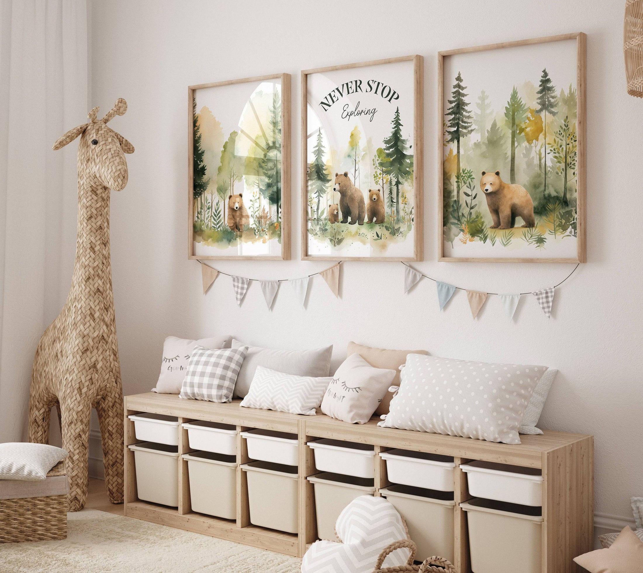Woodland Bear Nursery Prints | Set of 3 | Forest Adventure Wall Art for Unisex Nursery - RoseRowanDesign