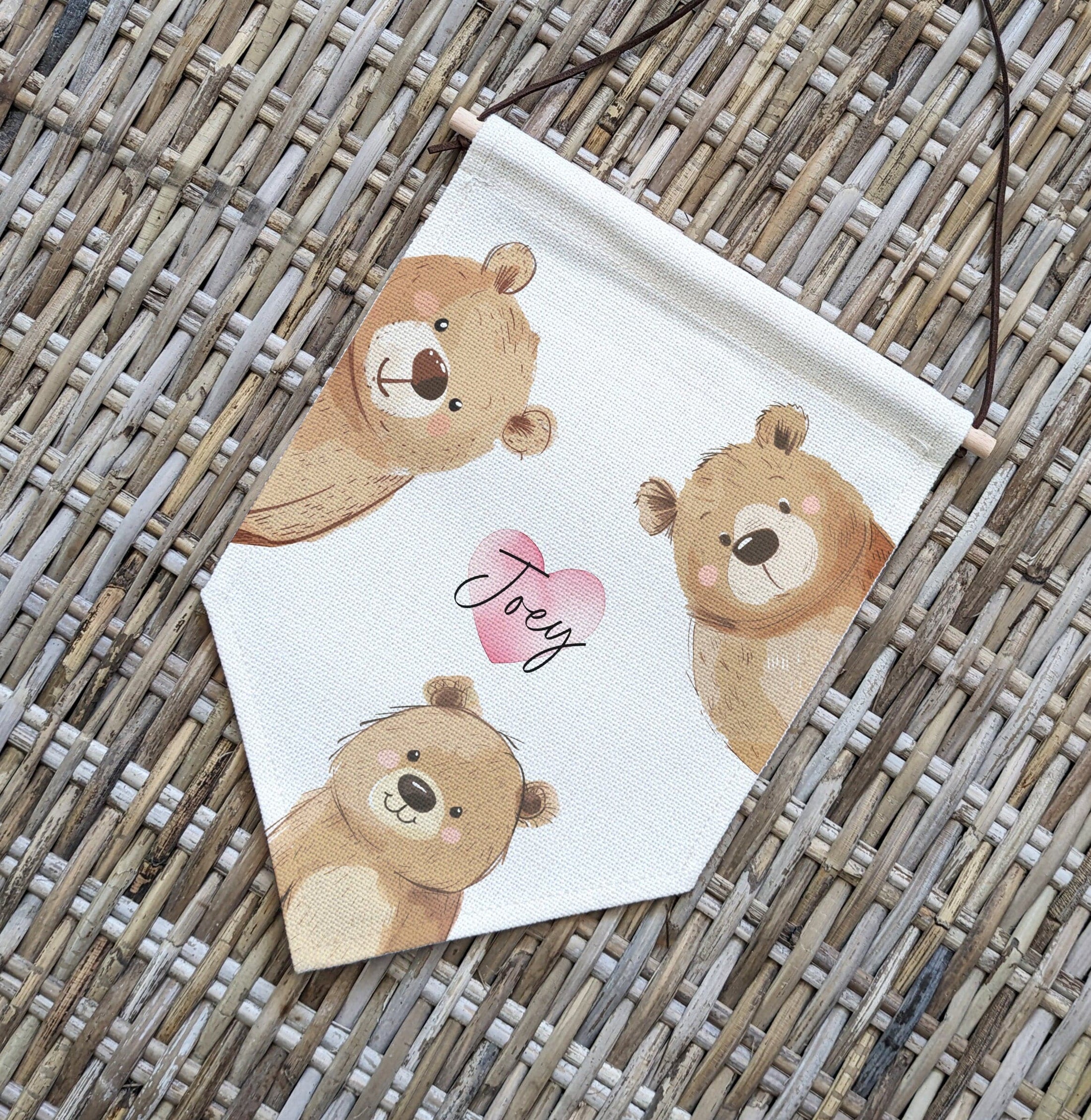 Personalised Peek-a-Boo Bear Name Pennant Wall Flag | Nursery & Kids Room Decor - RoseRowanDesign