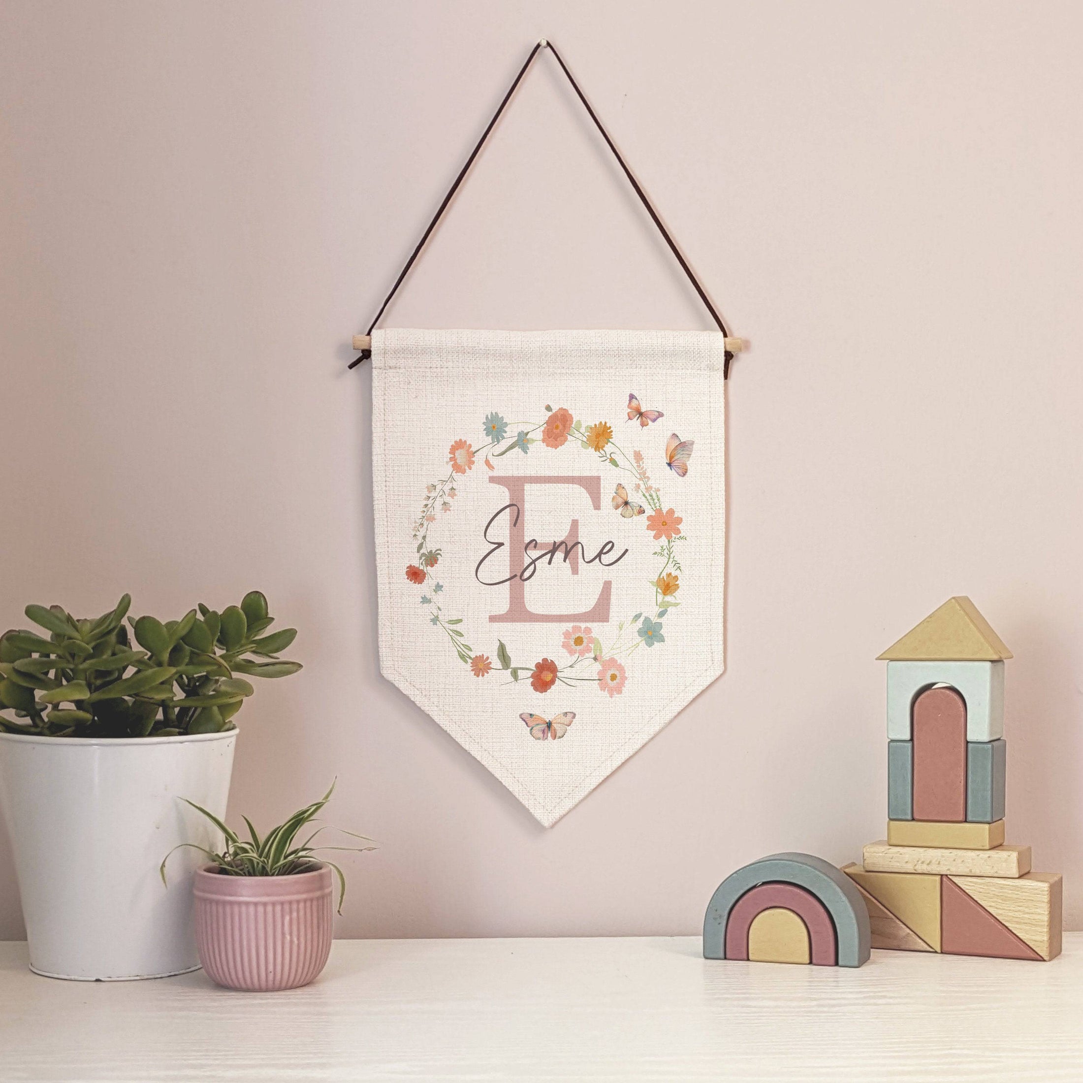 Personalised Wildflower Name Pennant | Kids Room Banner & Nursery Wall Flag - RoseRowanDesign