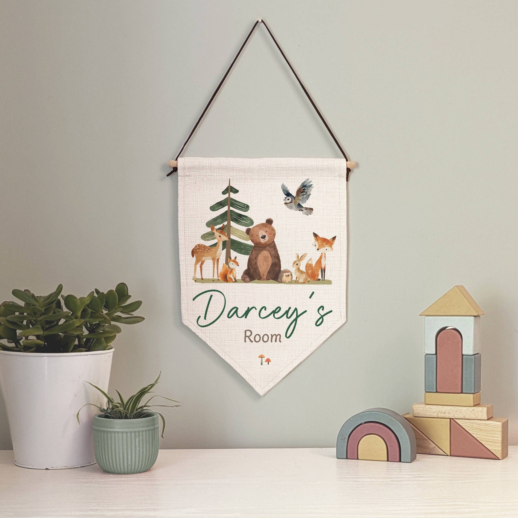 Personalised Woodland Animals Name Pennant | Kids Room Banner & Nursery Wall Sign - RoseRowanDesign