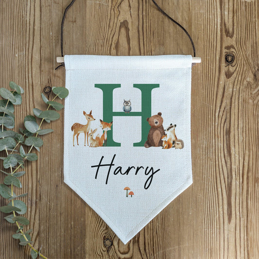Personalised Woodland Animal Name Pennant | Kids Room Banner & Nursery Wall Flag - RoseRowanDesign