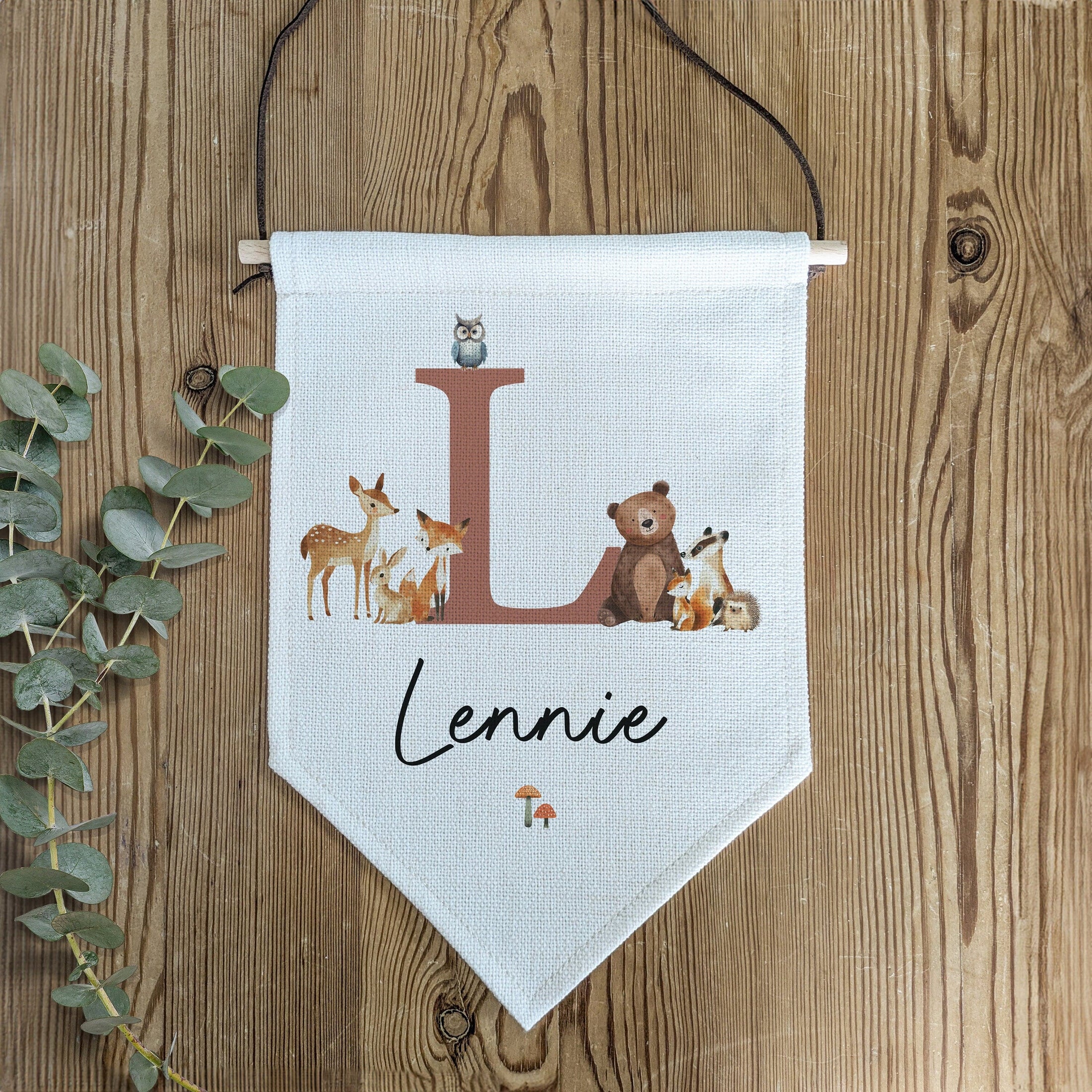Personalised Woodland Animal Name Pennant | Kids Room Banner & Nursery Wall Flag - RoseRowanDesign