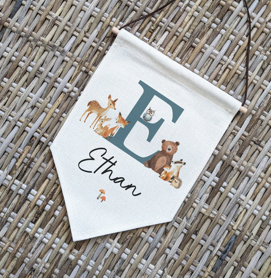 Personalised Woodland Animal Name Pennant | Kids Room Banner & Nursery Wall Flag - RoseRowanDesign