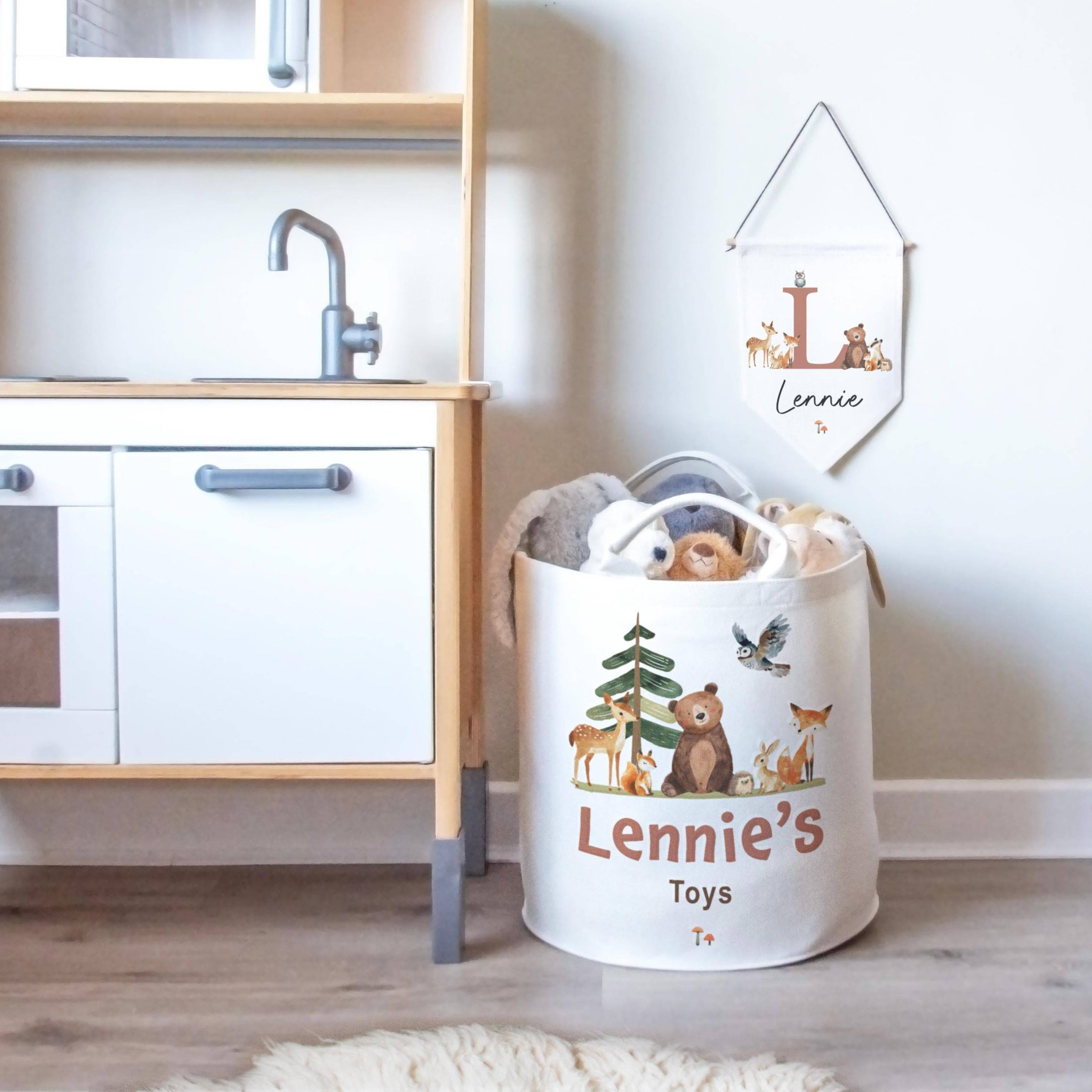 Woodland Animal Themed Personalised Toy Trug for Kids Room or Nursery - RoseRowanDesign