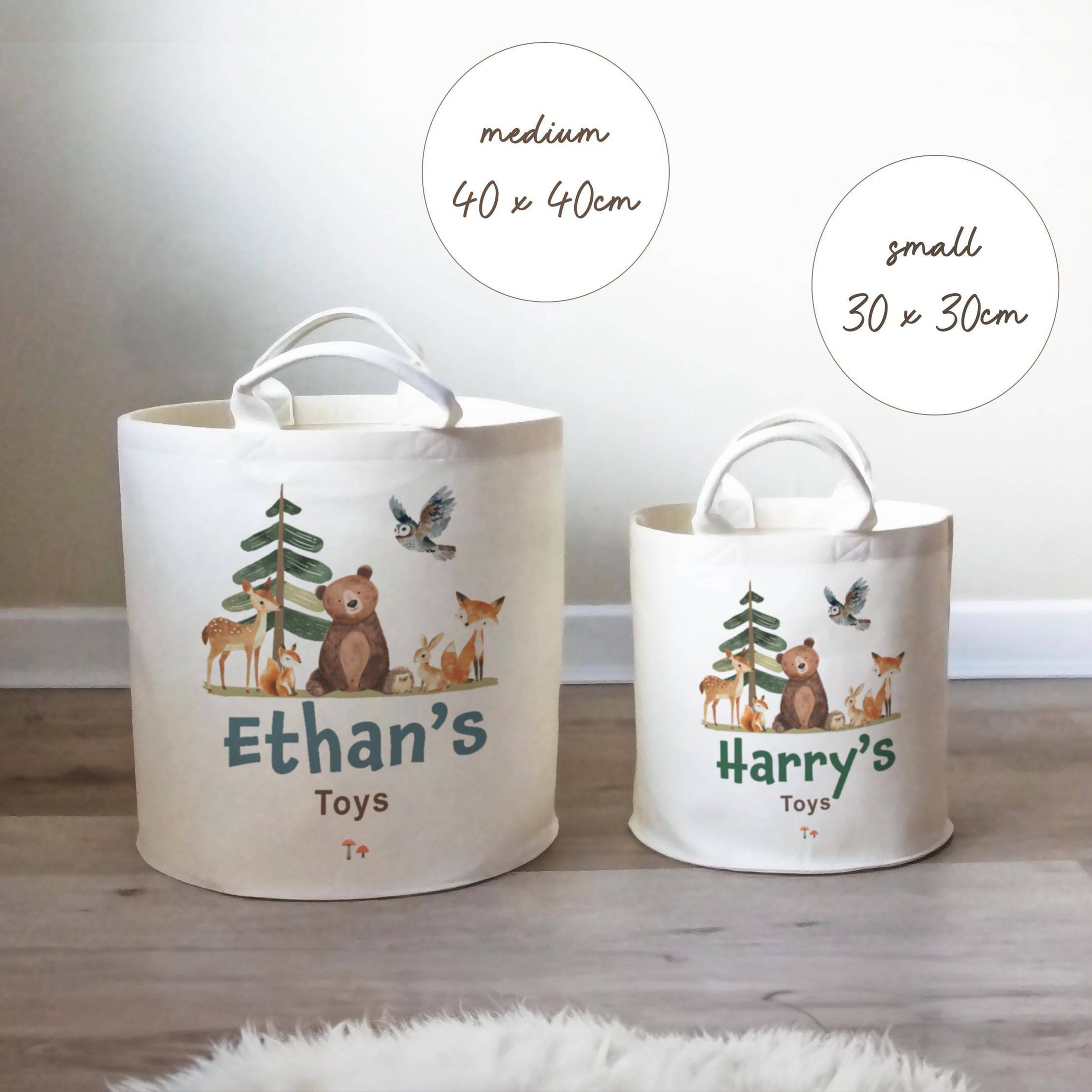 Woodland Animal Themed Personalised Toy Trug for Kids Room or Nursery - RoseRowanDesign