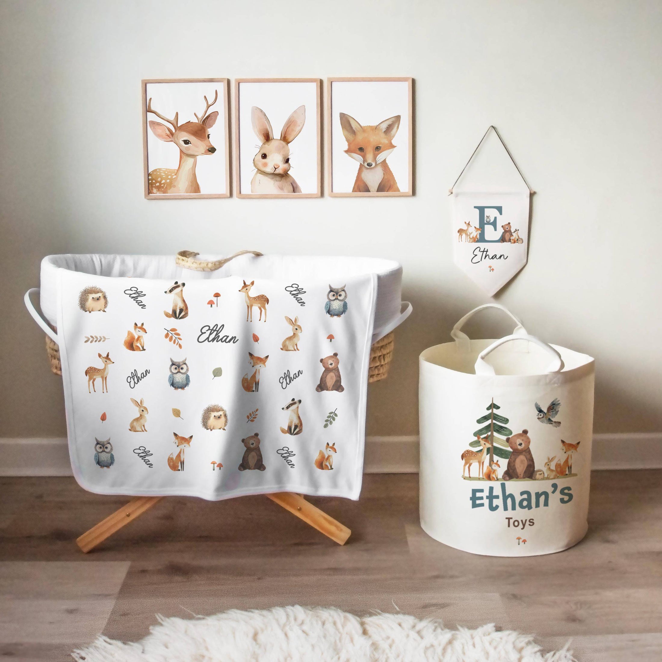 Woodland Animal Themed Personalised Toy Trug for Kids Room or Nursery - RoseRowanDesign