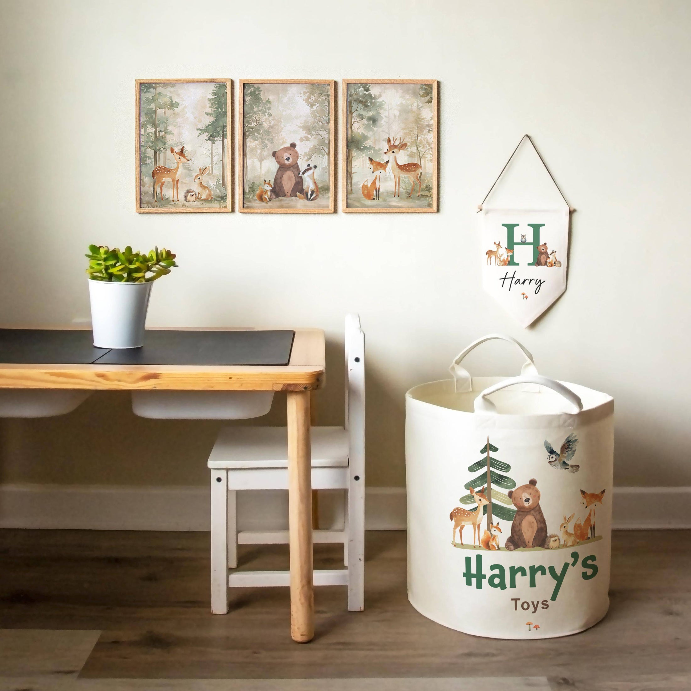 Woodland Animal Themed Personalised Toy Trug for Kids Room or Nursery - RoseRowanDesign