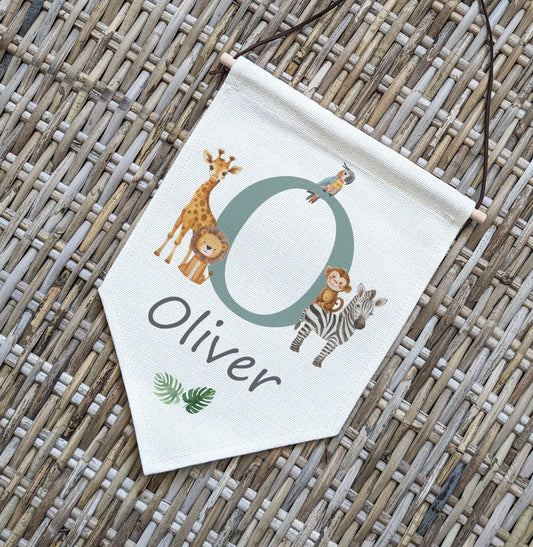 Personalised Safari Animal Name Pennant | Kids Room Banner & Nursery Wall Flag - RoseRowanDesign