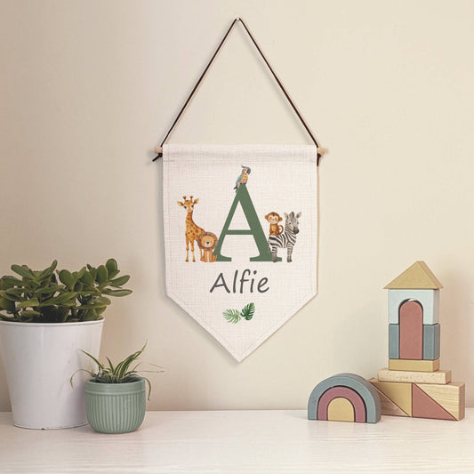 Personalised Safari Animal Name Pennant | Kids Room Banner & Nursery Wall Flag - RoseRowanDesign