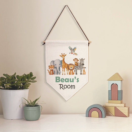 Personalised Safari Animal Name Pennant Wall Flag | Kids Room Decor & Door Hanger - RoseRowanDesign