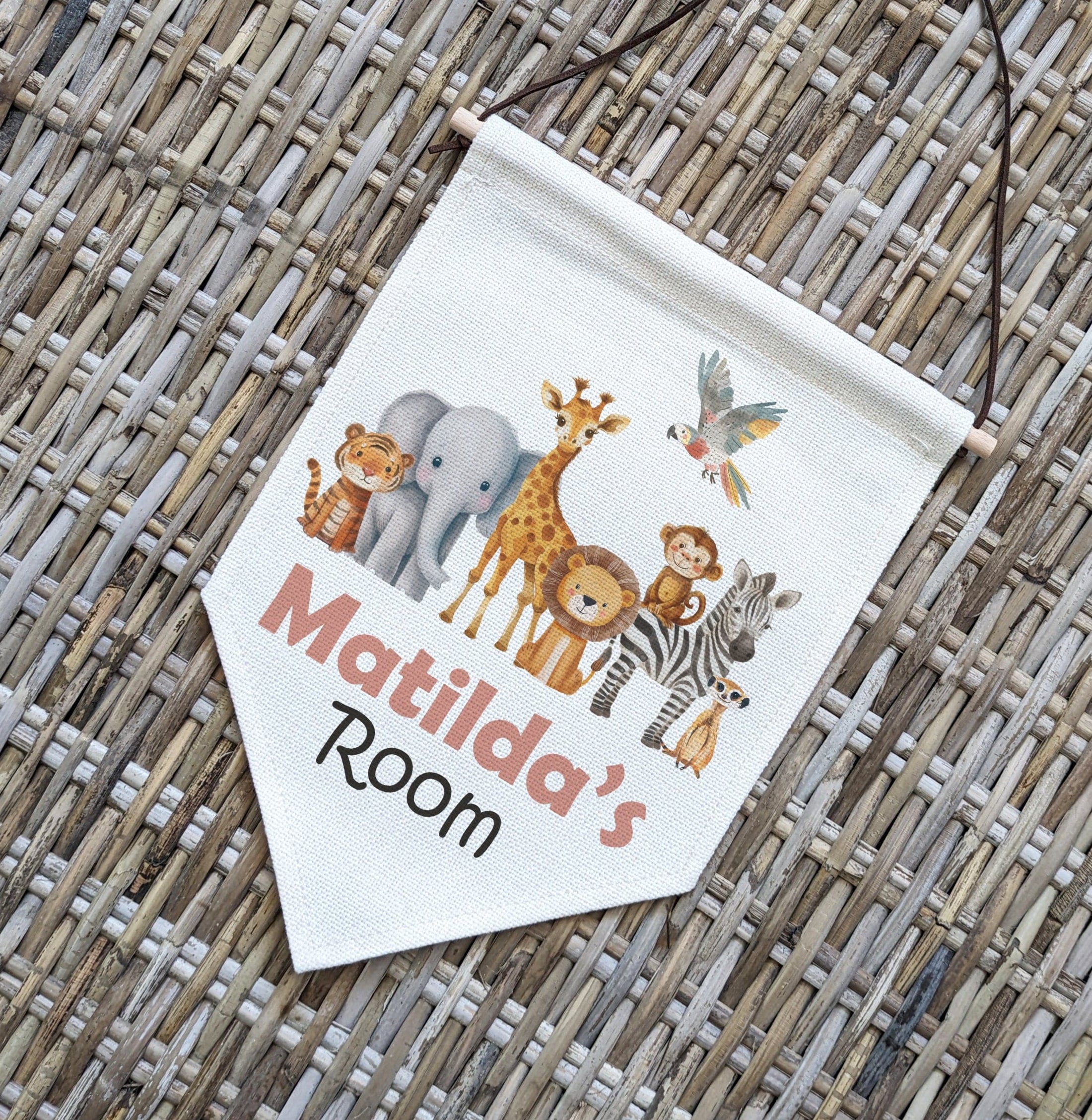 Personalised Safari Animal Name Pennant Wall Flag | Kids Room Decor & Door Hanger - RoseRowanDesign