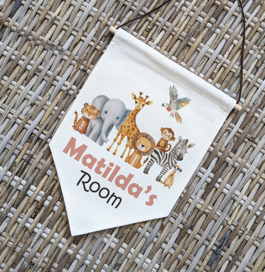 Personalised Safari Animal Name Pennant Wall Flag | Kids Room Decor & Door Hanger - RoseRowanDesign