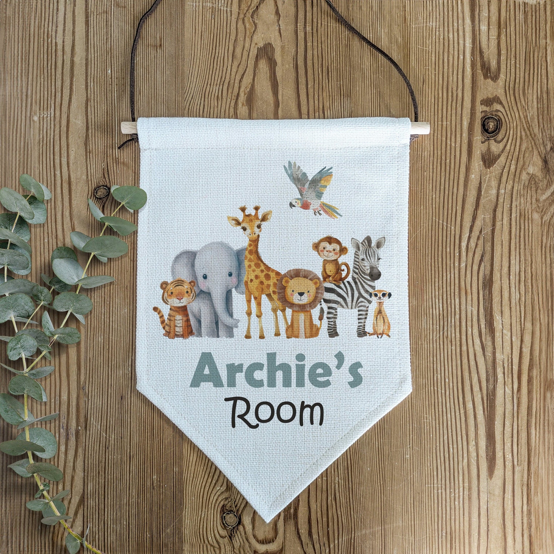 Personalised Safari Animal Name Pennant Wall Flag | Kids Room Decor & Door Hanger - RoseRowanDesign