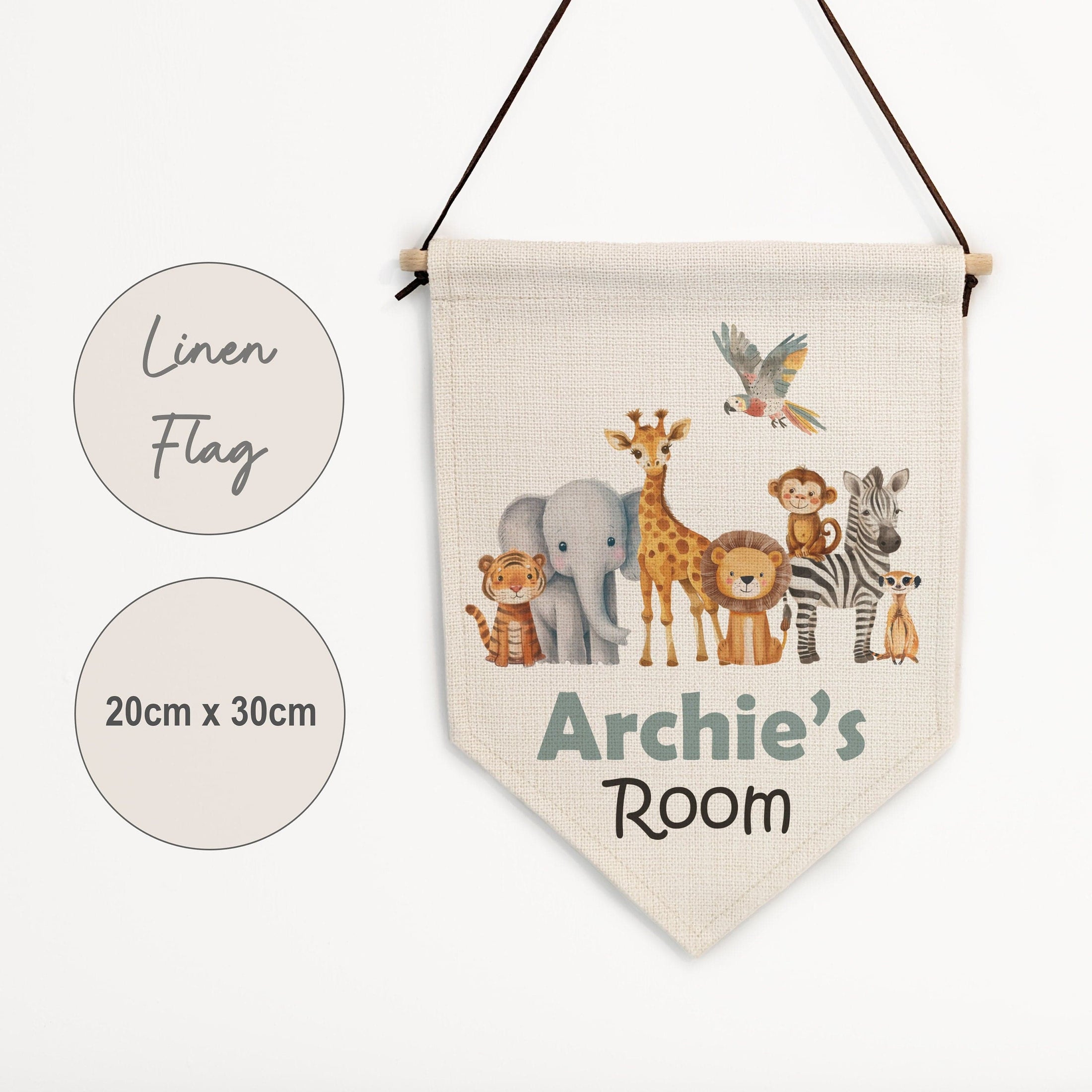 Personalised Safari Animal Name Pennant Wall Flag | Kids Room Decor & Door Hanger - RoseRowanDesign
