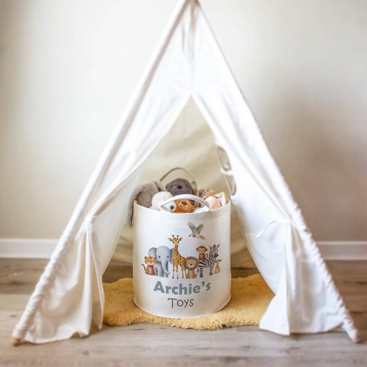 Safari Animal Themed Personalised Toy Trug for Kids Room or Nursery - RoseRowanDesign
