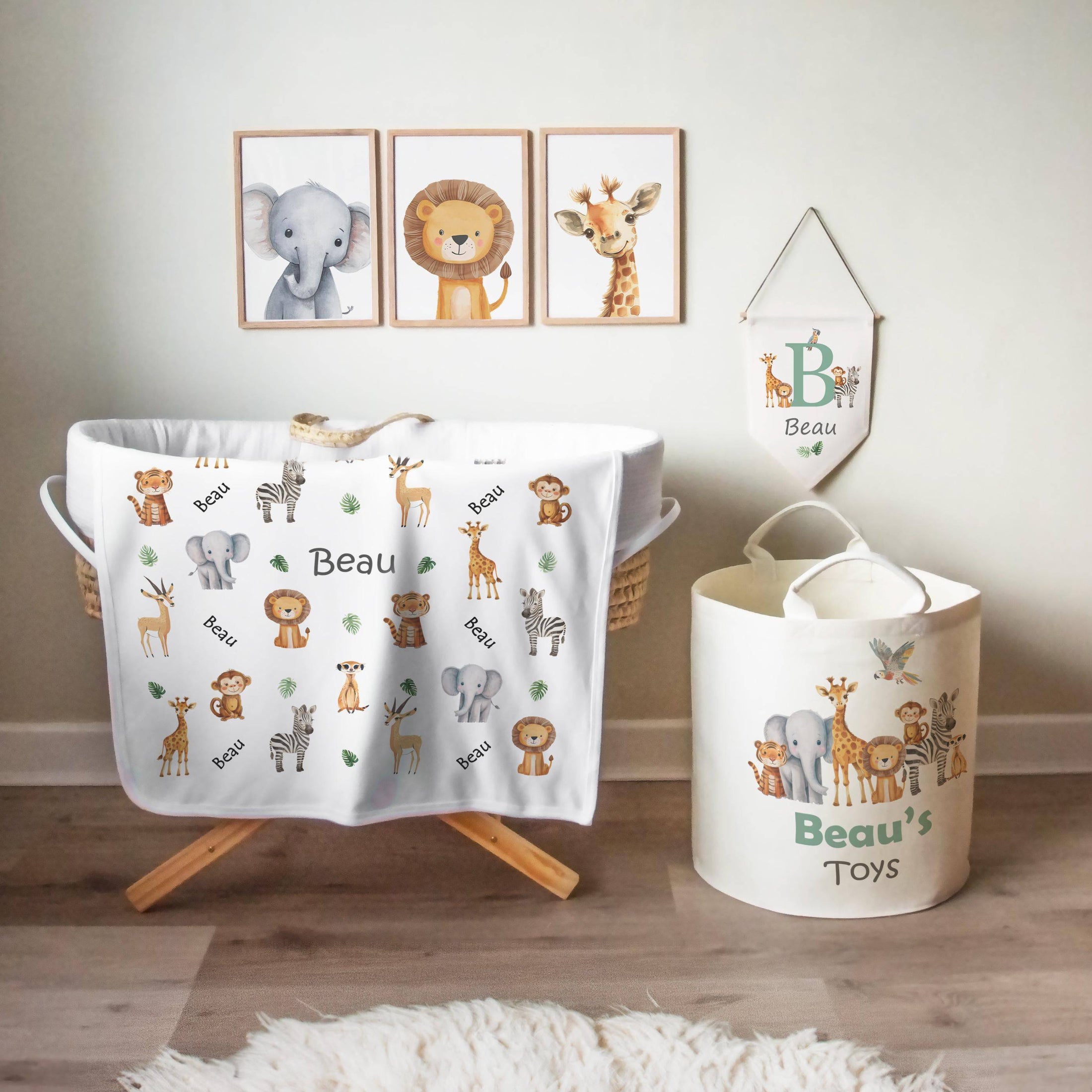 Safari Animal Themed Personalised Toy Trug for Kids Room or Nursery - RoseRowanDesign