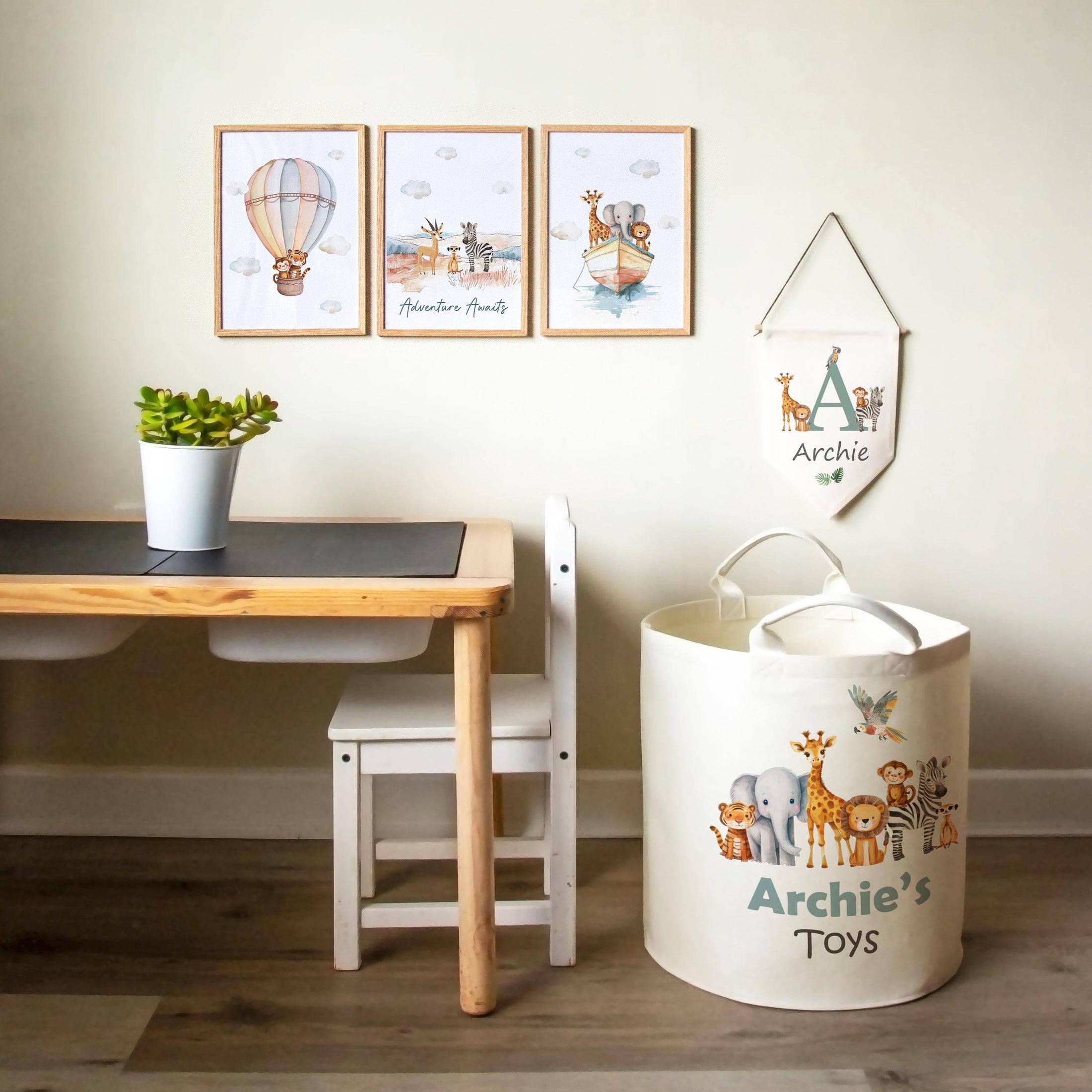 Safari Animal Themed Personalised Toy Trug for Kids Room or Nursery - RoseRowanDesign