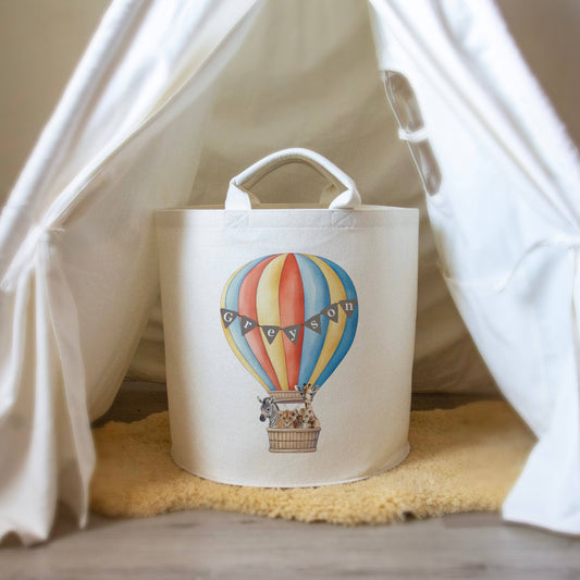 Hot Air Balloon & Safari Animal Themed Personalised Toy Trug for Kids Room or Nursery - RoseRowanDesign