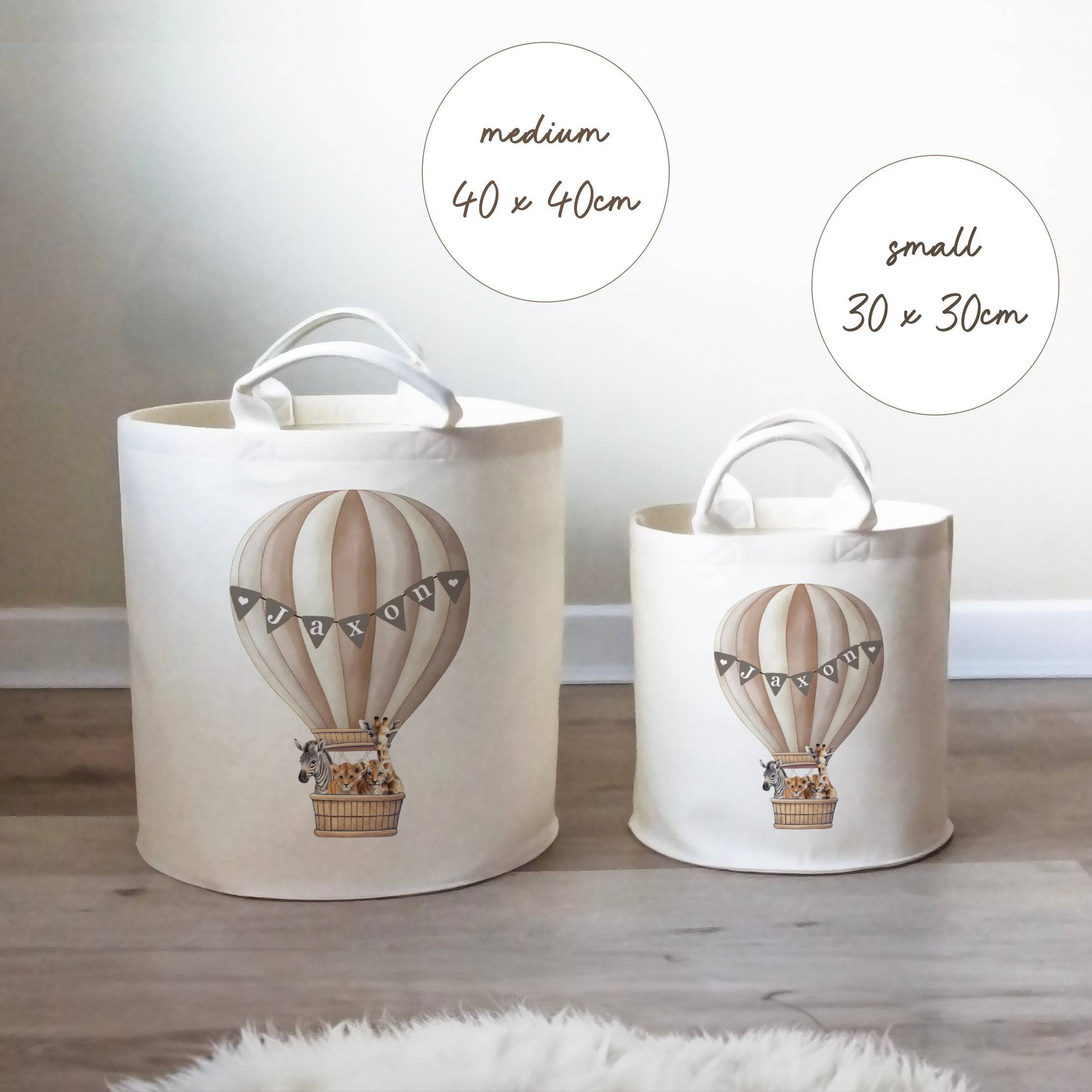 Hot Air Balloon & Safari Animal Themed Personalised Toy Trug for Kids Room or Nursery - RoseRowanDesign
