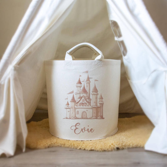 Princess Castle Themed Personalised Toy Trug for Kids Room or Nursery - RoseRowanDesign
