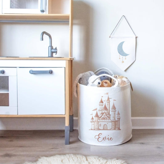 Princess Castle Themed Personalised Toy Trug for Kids Room or Nursery - RoseRowanDesign