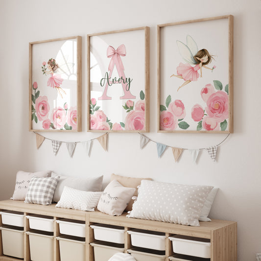 Pink Fairy Personalised Set of 3 Prints | Wall Art for Nursery, Bedroom or Playroom - RoseRowanDesign