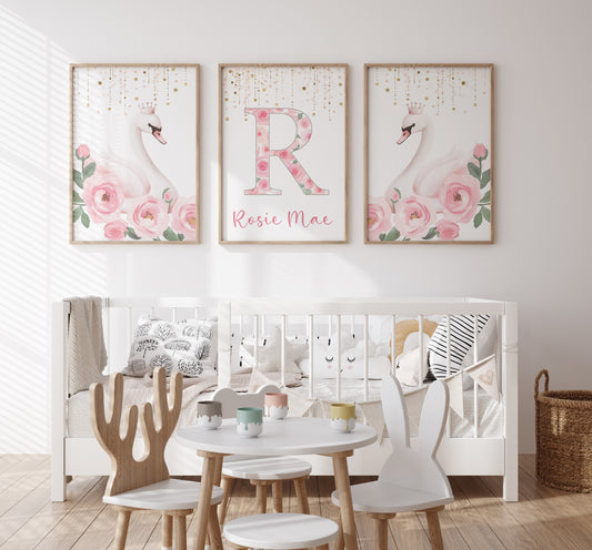 Pink Swans Personalised Set of 3 Prints | Wall Art for Nursery, Bedroom or Playroom - RoseRowanDesign