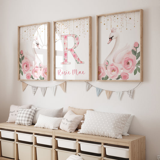 Pink Swans Personalised Set of 3 Prints | Wall Art for Nursery, Bedroom or Playroom - RoseRowanDesign