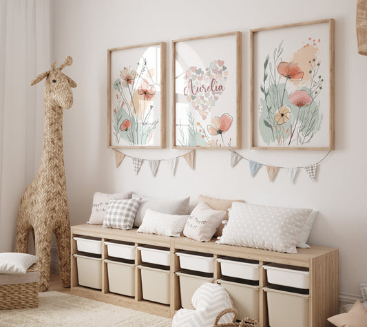 Wildflower Personalised Set of 3 Girls Prints | Wall Art for Nursery, Bedroom or Playroom - RoseRowanDesign