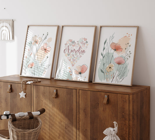 Wildflower Personalised Set of 3 Girls Prints | Wall Art for Nursery, Bedroom or Playroom - RoseRowanDesign