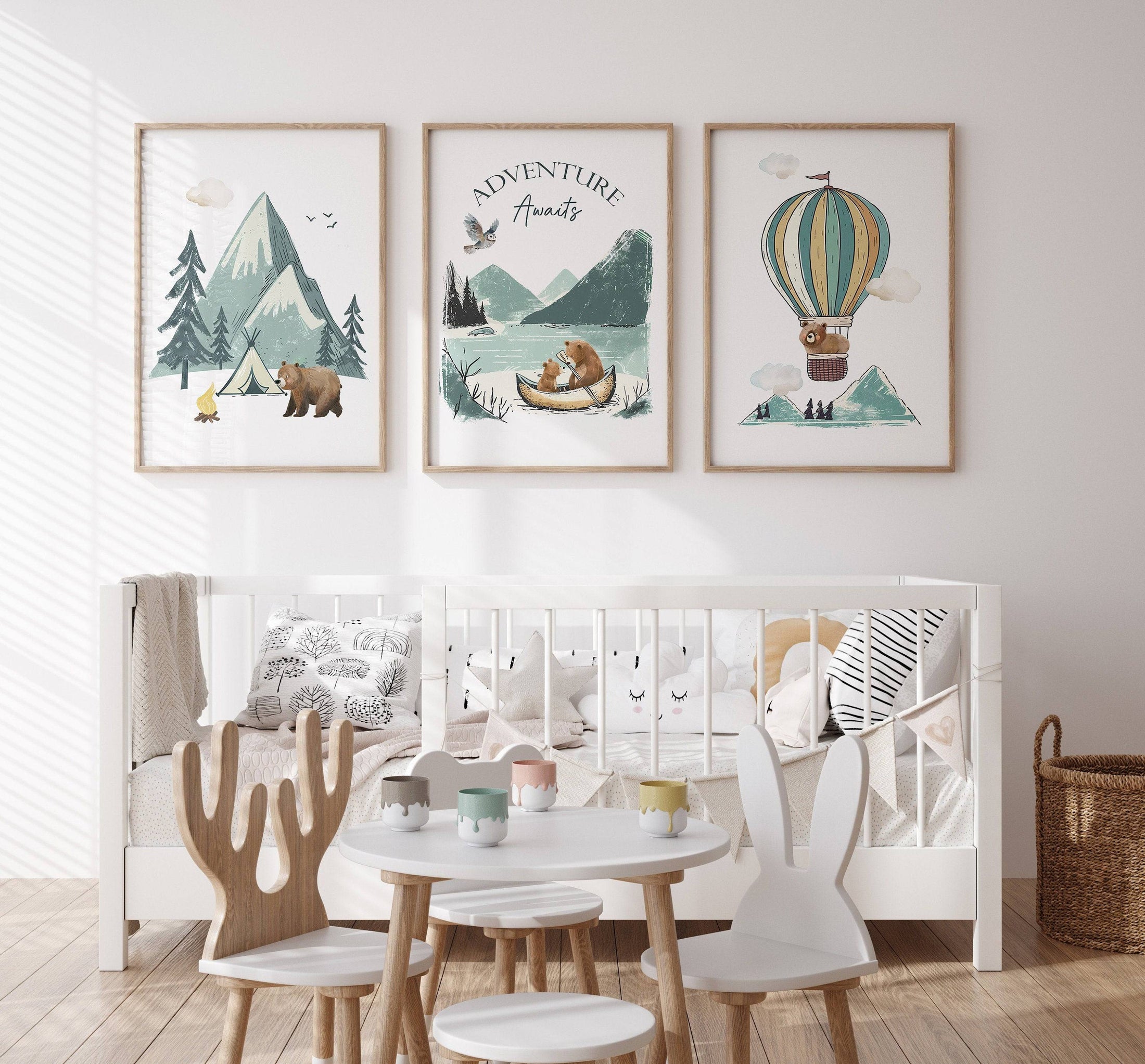 Adventure Awaits Nursery Wall Prints Set, Bear, Mountain, Camping and Balloon Prints for Babies / Childs Bedroom, Playroom Woodland Animals