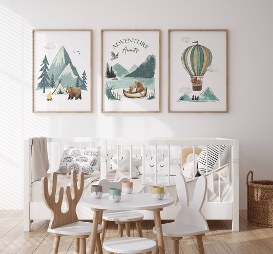 Adventure Awaits Nursery Wall Prints Set, Bear, Mountain, Camping and Balloon Prints for Babies / Childs Bedroom, Playroom Woodland Animals