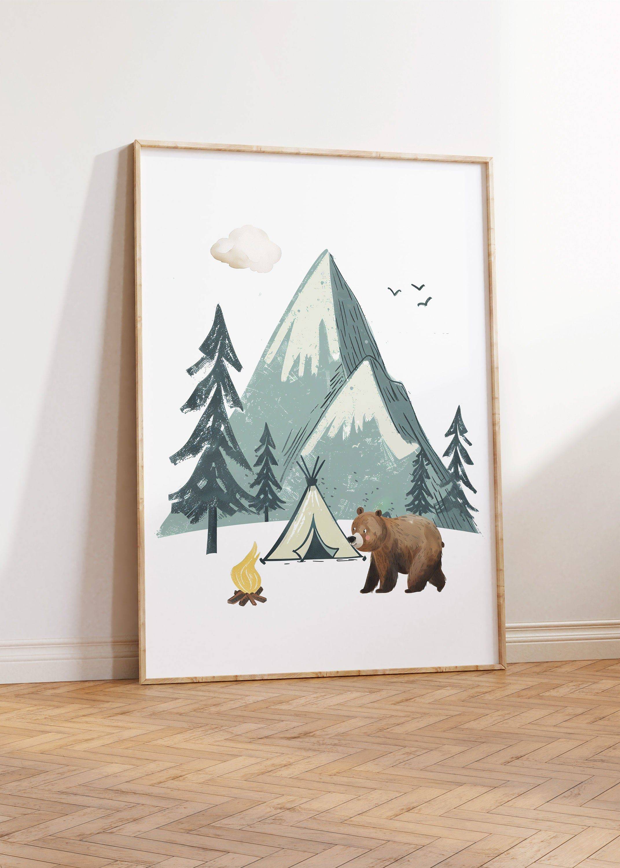 Adventure Awaits Nursery Wall Prints Set, Bear, Mountain, Camping and Balloon Prints for Babies / Childs Bedroom, Playroom Woodland Animals