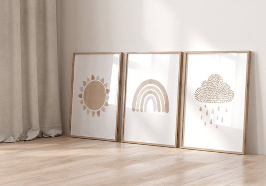 Boho Nursery Prints | Set of 3 Rainbow Sunshine & Cloud Wall Art | Custom Colour - RoseRowanDesign