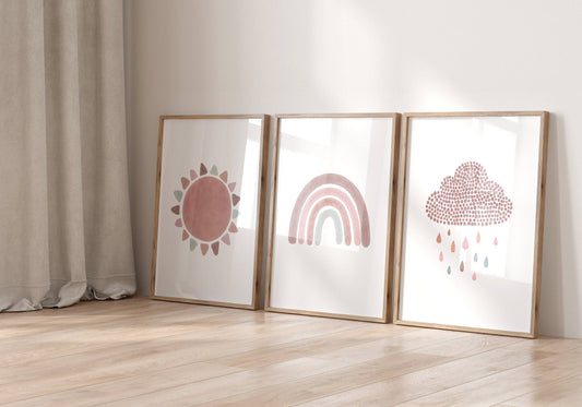 Boho Nursery Prints | Set of 3 Rainbow Sunshine & Cloud Wall Art | Custom Colour - RoseRowanDesign