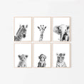 Load image into Gallery viewer, Black and White Safari Animal Prints, Set Of 6 Monochrome Jungle Nursery Wall Art Prints, Neutral Nursery Decor, Unisex Child's Bedroom
