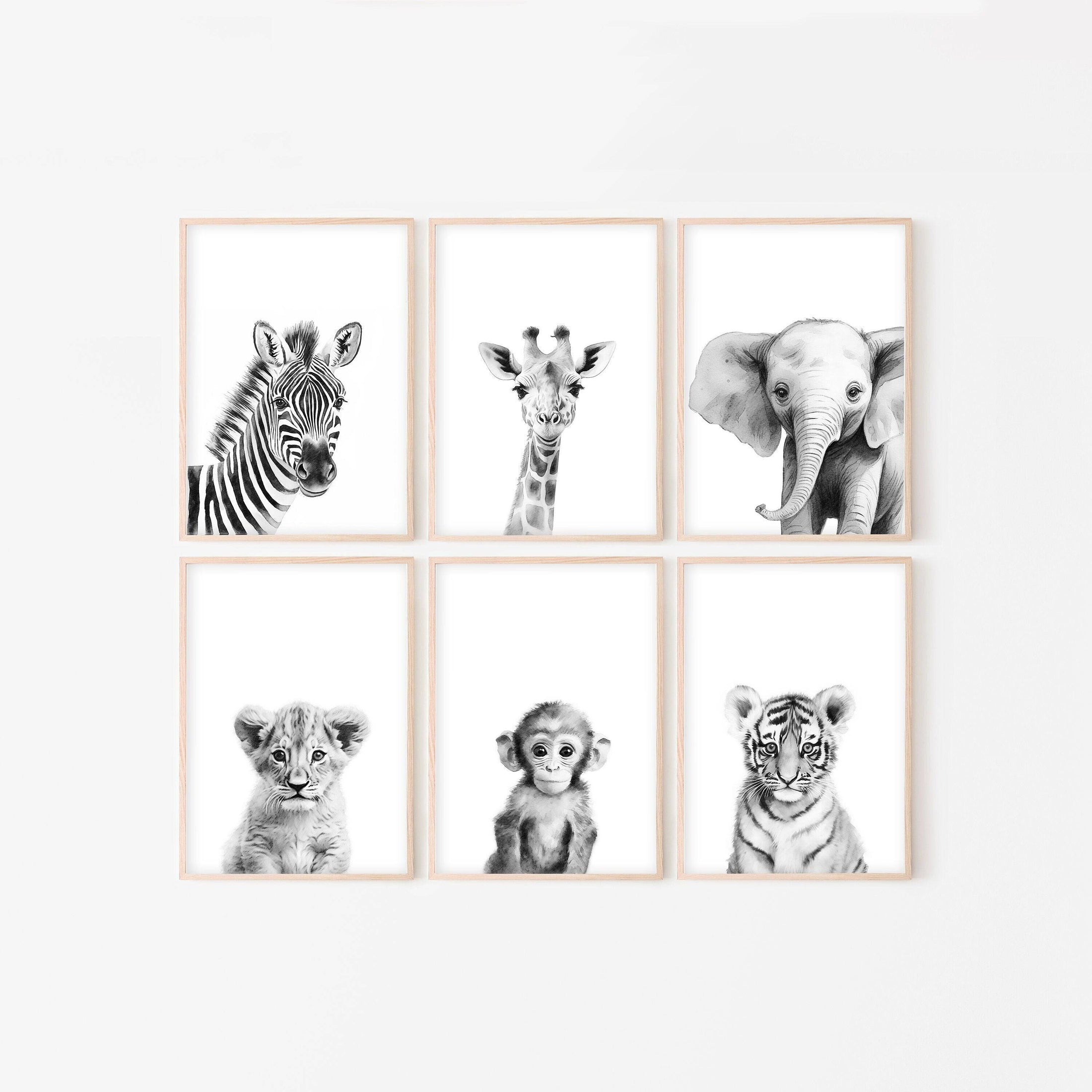 Black and White Safari Animal Prints, Set Of 6 Monochrome Jungle Nursery Wall Art Prints, Neutral Nursery Decor, Unisex Child's Bedroom