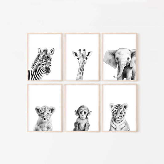Black and White Safari Animal Prints, Set Of 6 Monochrome Jungle Nursery Wall Art Prints, Neutral Nursery Decor, Unisex Child's Bedroom